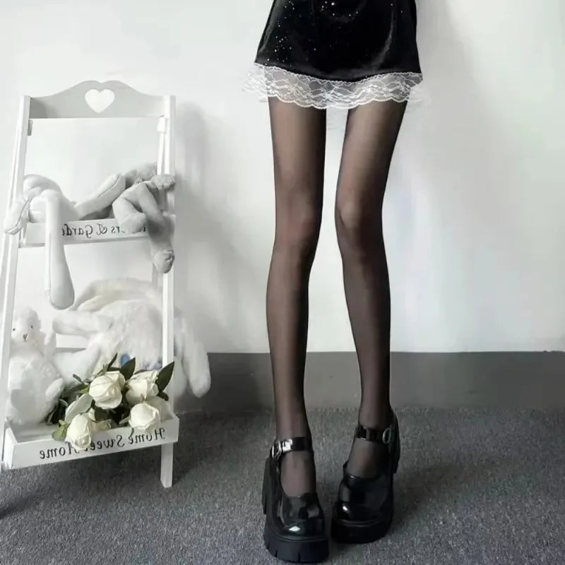 Women Waist Tights Black White Stockings Lolita Pantyhose Anime Qme