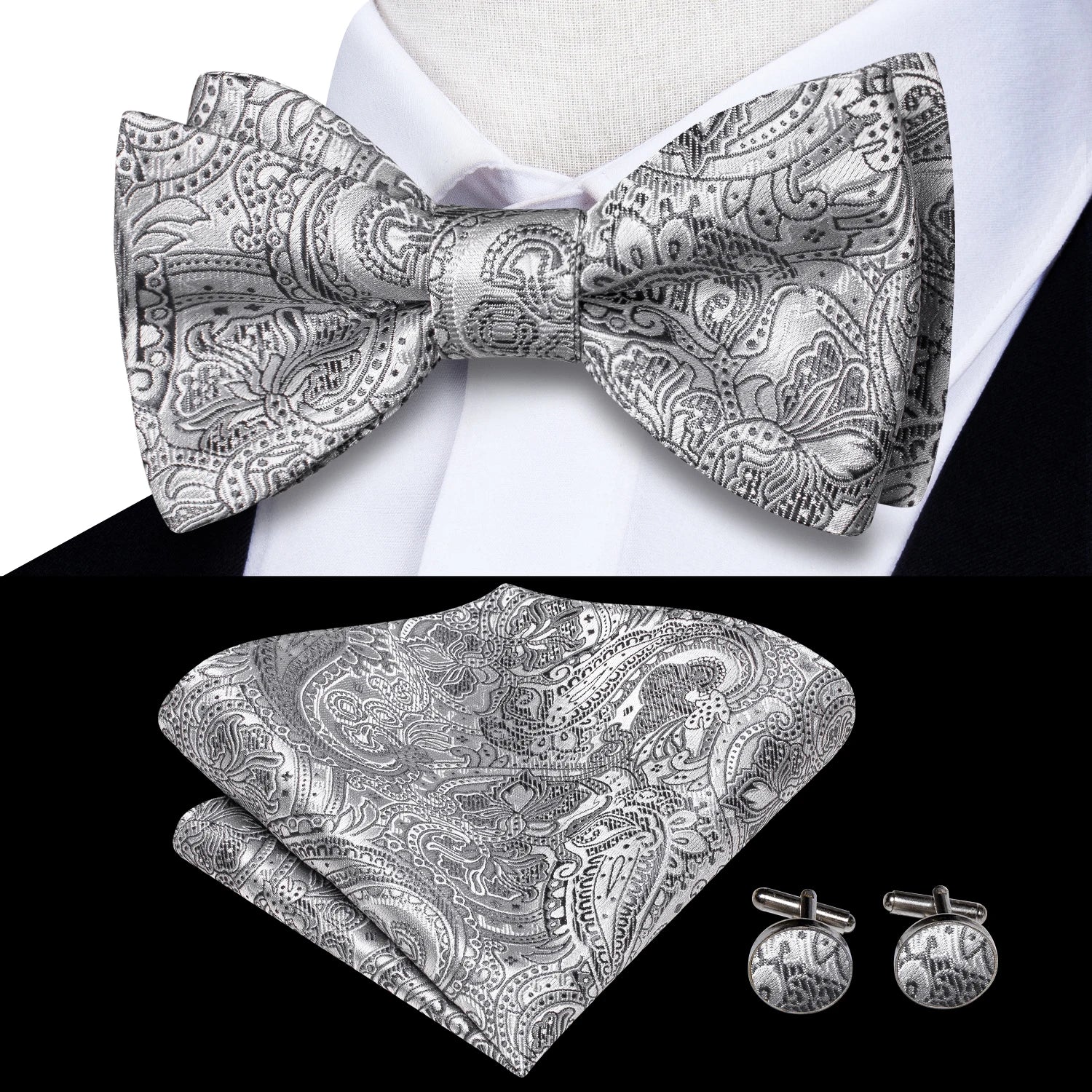 Hi-tie Silk Mens Self Bow Tie Hanky Cufflinks Blue Red Gold Black
