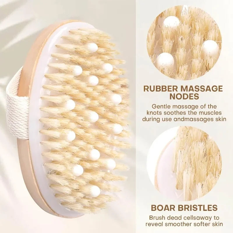 Dry Brushing Body Brush Natural Bristle Exfoliating Massage Nodes Qme