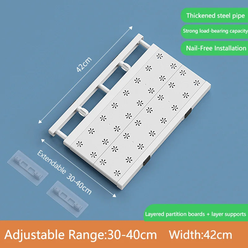 No-Drill Expandable Shelf Dividers Adjustable Wardrobe Cabinet Organizers Kitchen/Bathroom Storage Rack Dorm Space-Saving Qme 30-40cm 42cm