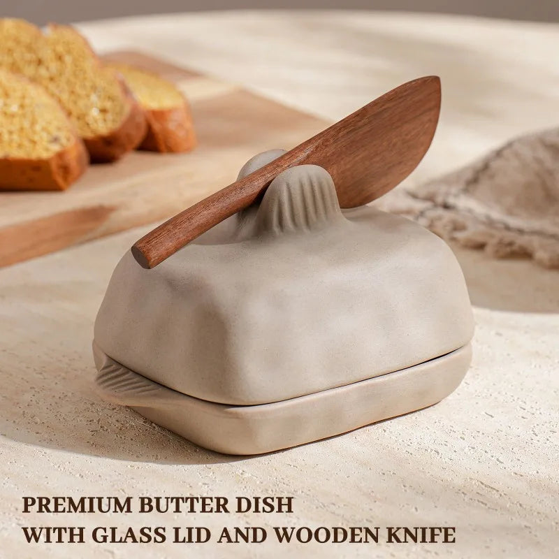 Handmade Coarse Ceramic Butter Dish Lid Creative Textured Rectangular Qme
