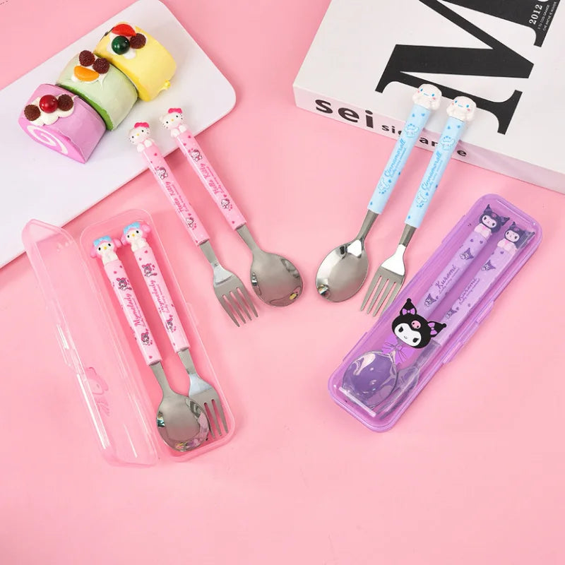 Hello Kitty Kuromi Cartoon Children's Tableware Spoon Portable Two-Piece Set for Students Stainless Steel Fork and Spoon Set Qme