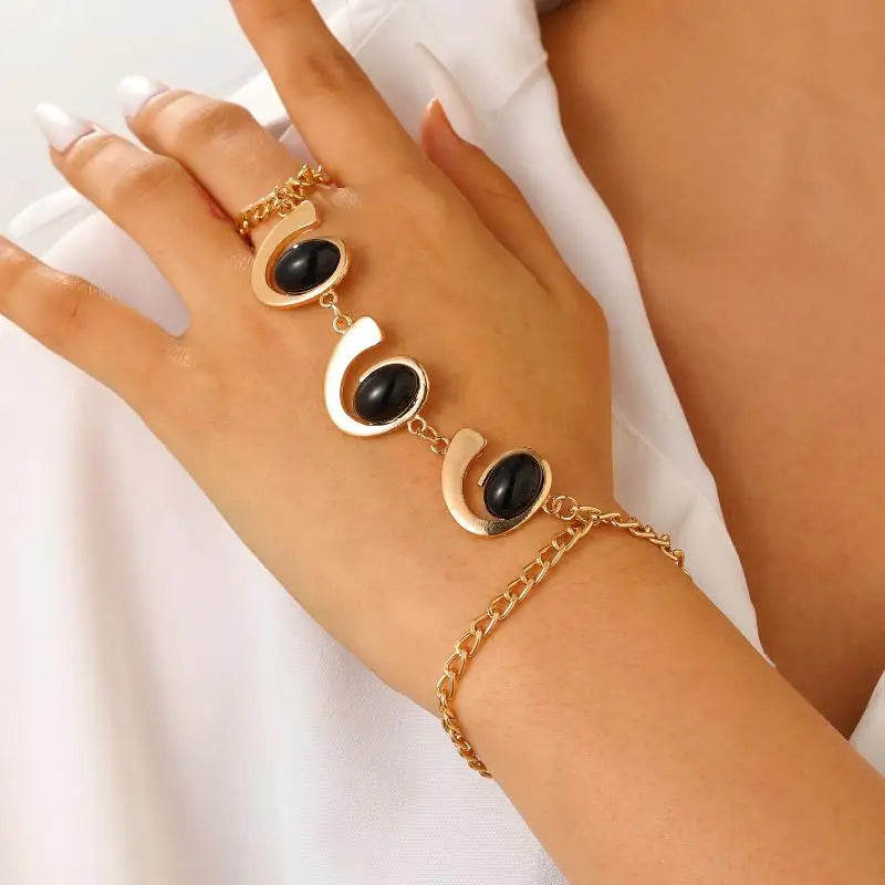 Women Gold Big Crystal Ring Bracelet Elegant Hand Chain Jewelry Adjustable Wrist Cuff for Special Occasions Qme A3