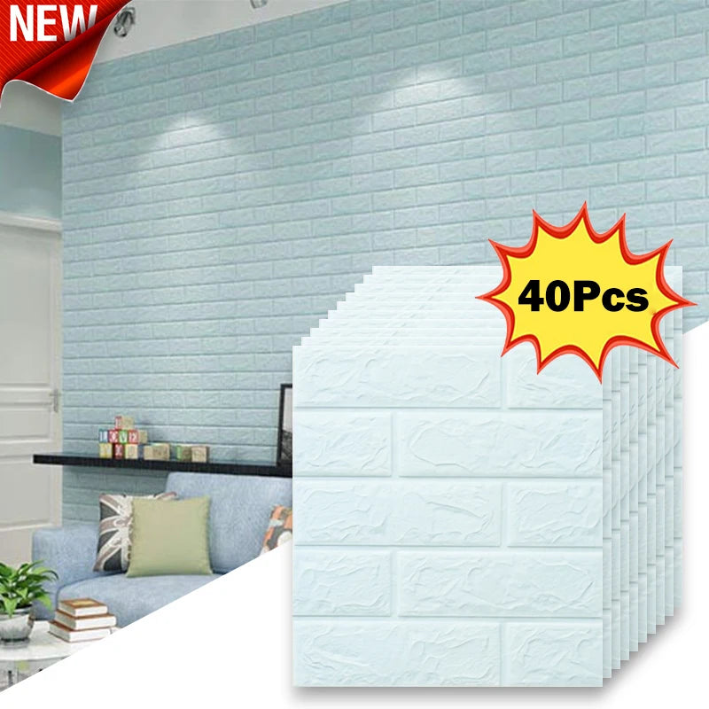 40Pcs 38.5X35cm Imitation Brick Wallpaper Self-adhesive Waterproof Moisture-proof Living Room Bedroom Wall Decoration Qme light blue 40Pcs 38.5X35cm