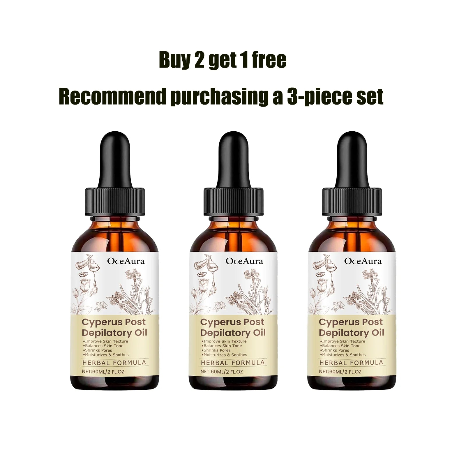 OceAura Cyperus Post Depilatory Oil Hair Growth Inhibitor Pore Minimizer Even Skin Tone Hydrating Cyprus Oil Hair Removal Care Qme 60ml x3