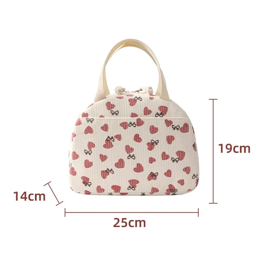 Corduroy Lunch Bag Portable Thermal Insulation Women's Cute Print Large Capacity Picnic Bento Box Handbag for Lunch Storage Qme