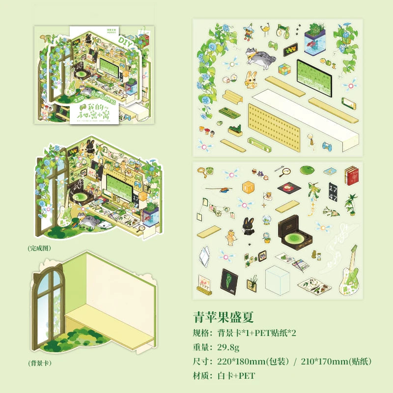 DIY Cartoon Leisure Life in 4 Seasons Landscape Sticker 3D Pocket Cabin Scene Stacking Pasting Stickers Gift for Kid Child Qme C
