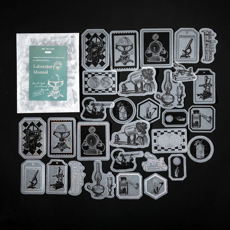 30pcs/pack Vintage Silvery Stickers for Junk Journal DIY Scrapbooking Collage Album Creative Stationery Craft Sticker Qme F
