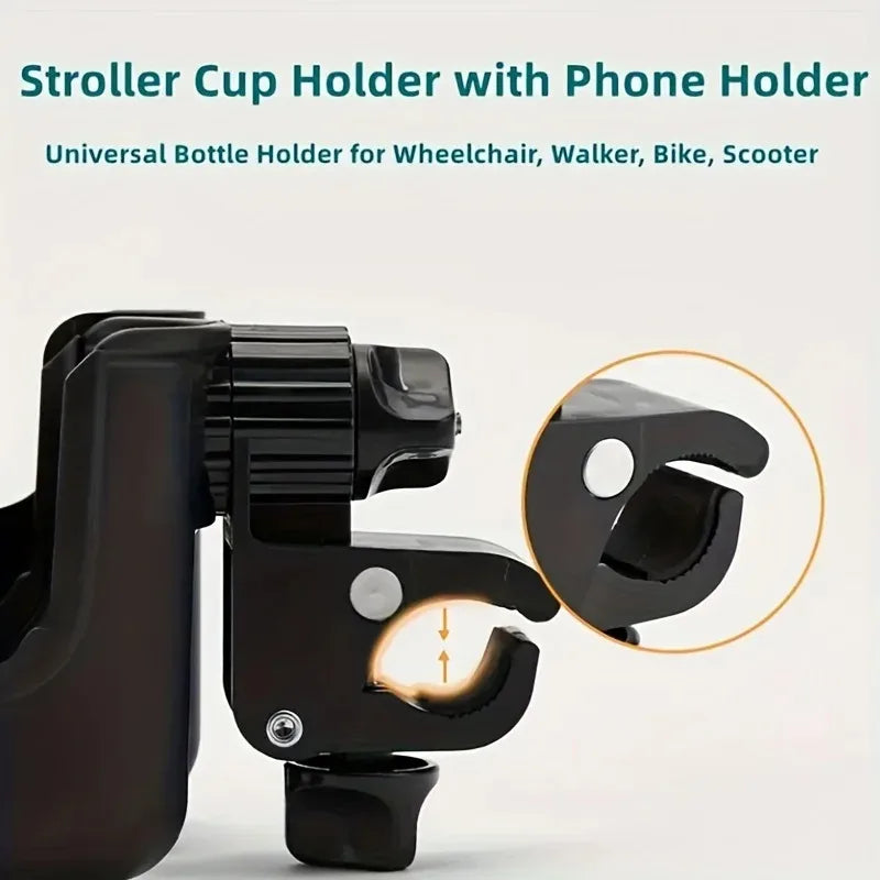 Universal Stroller Cup Holder Phone Combo 2-in-1 Adjustable Bottle Qme
