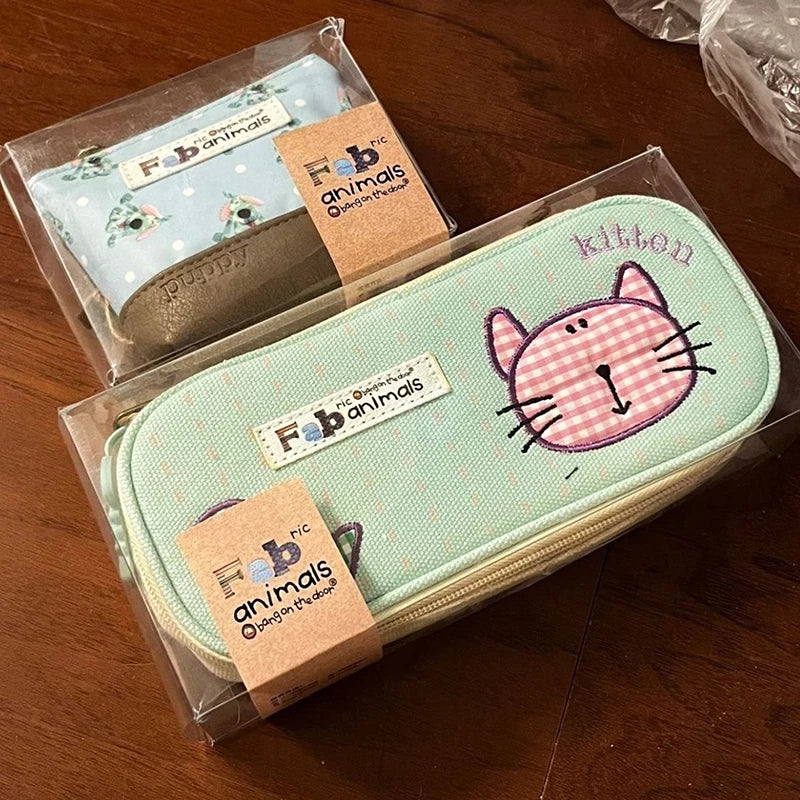 Large Capacity Pen Bag Kawaii Kitten Pencil Case Double Layer Qme