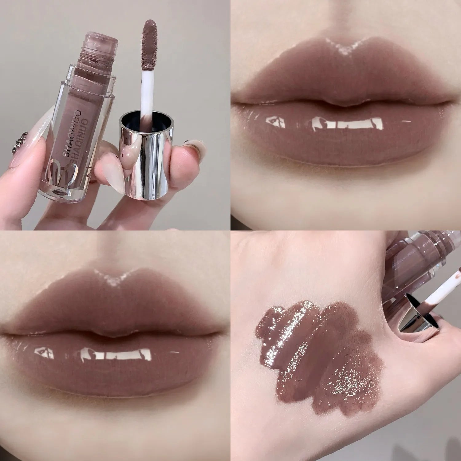 SHAQINUO Water Light Mirror Lip Gloss Lasting Moisturizing Cool Black Silver Gray Pearlescent Fine Sparkling Lipstick Lip Oil Qme S9137-02