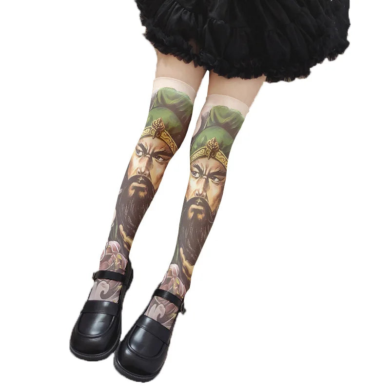 Sexy Long Tube Thigh-high Stockings Imitation Tattoo Pattern Velvet Qme style4 60cm