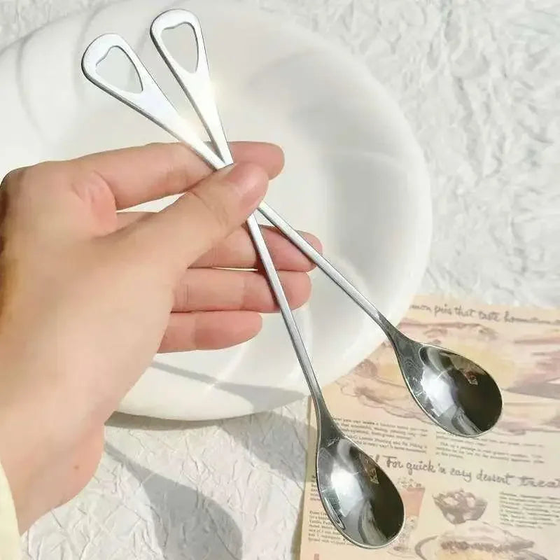 2PCS Stainless Steel Coffee Spoon Long Handle Ice Cream Dessert Tea Spoon For Picnic Drinkware Tableware Kitchen Supply Qme Default Title