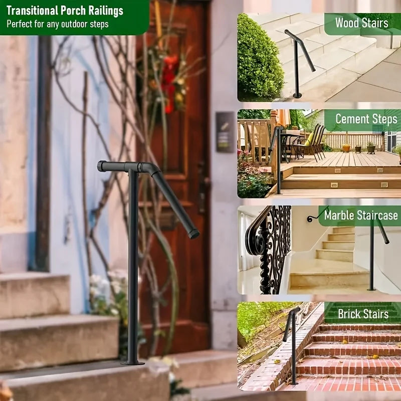 Single Post Wrought Iron Handrails for Outdoor 1-2 Steps Metal Outdoor Stair Railing for Steps Garage Porch Easy to Install Qme