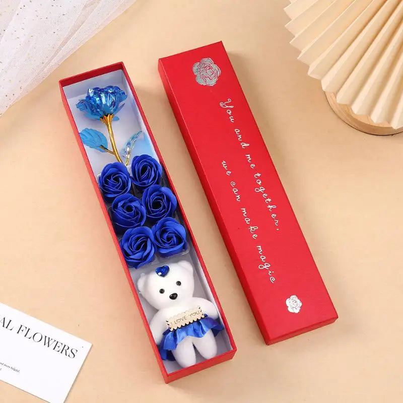 Plush Bear Artificial Flower Gift Box Soap Rose Flowers Creative Romantic Rose Valentines Day Mother Day Gift Wedding Home Decor Qme Blue