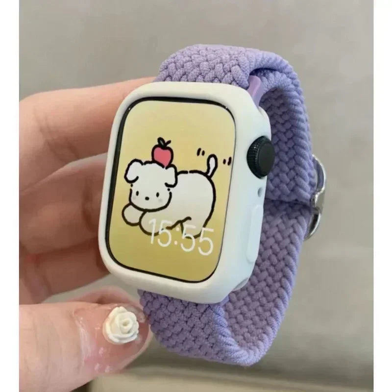 Korean Cute Braied Strap + Case For Apple Watch Band 49mm 41mm 45 44 38 42 Nylon Bracelet For iWatch Series 9 8 7 6 5 4 3 SE 40 Qme Lavender Purple For Series123 42MM