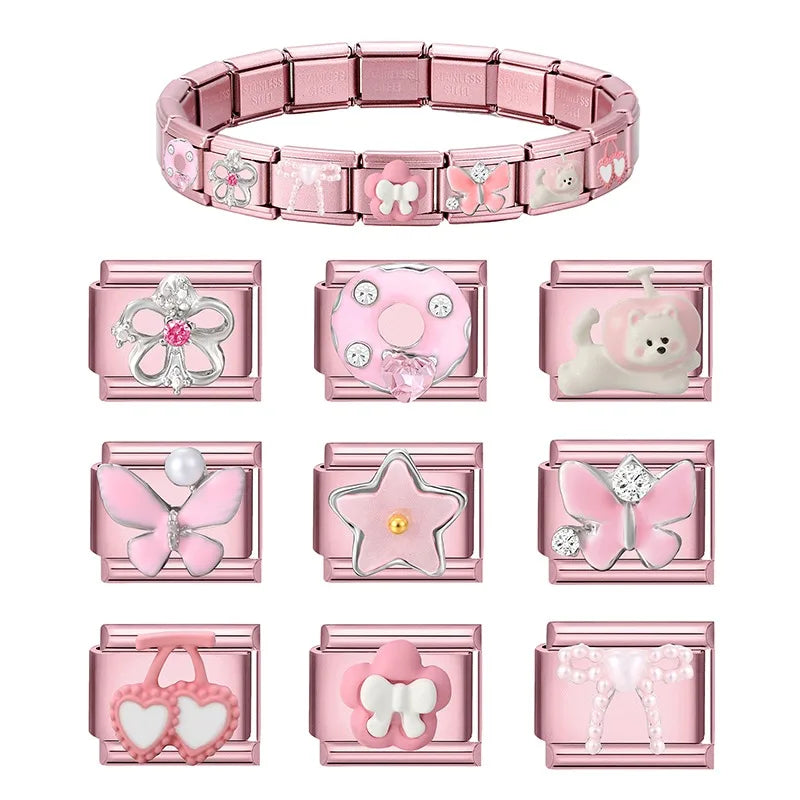 2025 Women Zircon Moon Pearl Stars Heart Butterfly Bow Pendant Italian Charm Links Fit 9mm Stainless Steel Bracelet DIY Making Qme