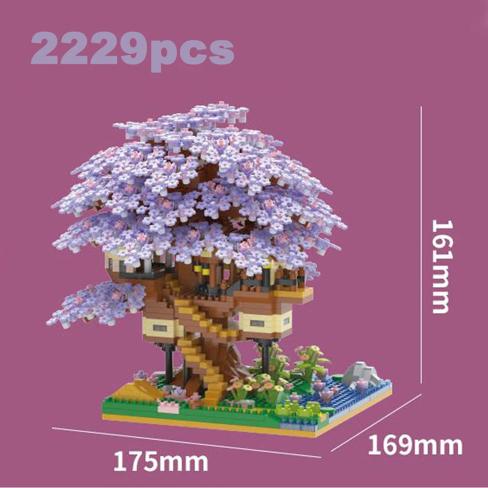 DIY Discoloration Cherry Blossom Flower Pink Tree House Train Assembly Building Blocks Classic Model Bricks Sets Kid Boy Girl Qme Purple-Big