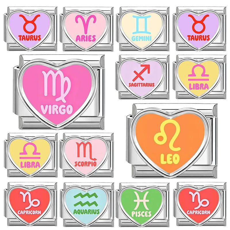 Pink Virgo Yellow Leo Purple Taurus Constellation Italian Charms Fit 9mm Stainless Steel Women Fashion Bracelet DIY Jewelry Gift Qme
