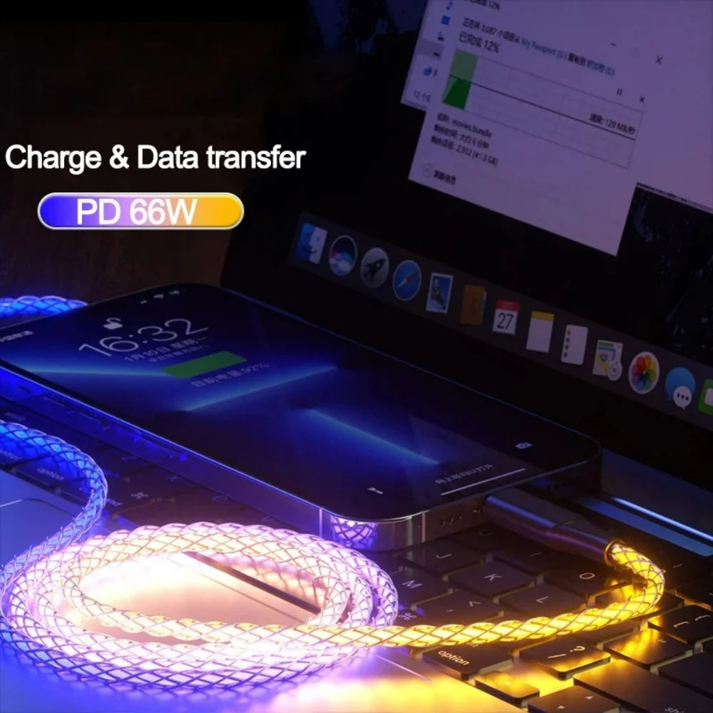 66W PD Gradient Light Quick Charge 3.0 Cord PD Fast Charging Data Cable Nylon Braided Cord For iPhone 16 Xiaomi Samsung 1M Wire Qme