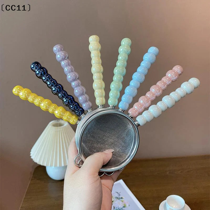 Tea Strainer Pearl Ceramic Handle Stainless Steel Fine Leak Mesh Qme