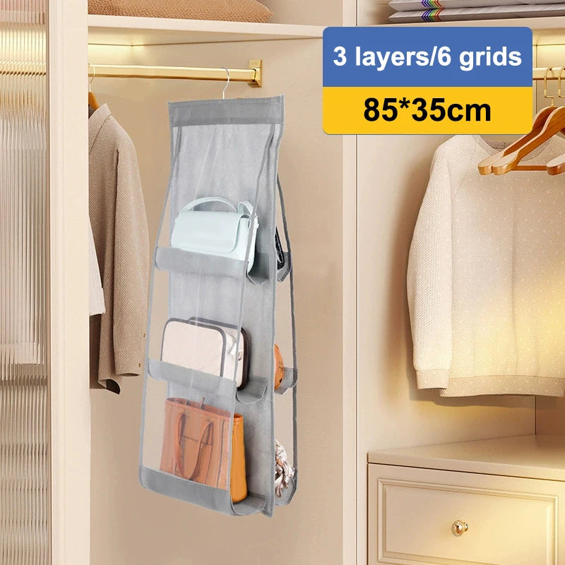 Oxford Cloth Handbag Storage Bag Family Closet Bedroom Black Hanging Qme Gray 6 grids