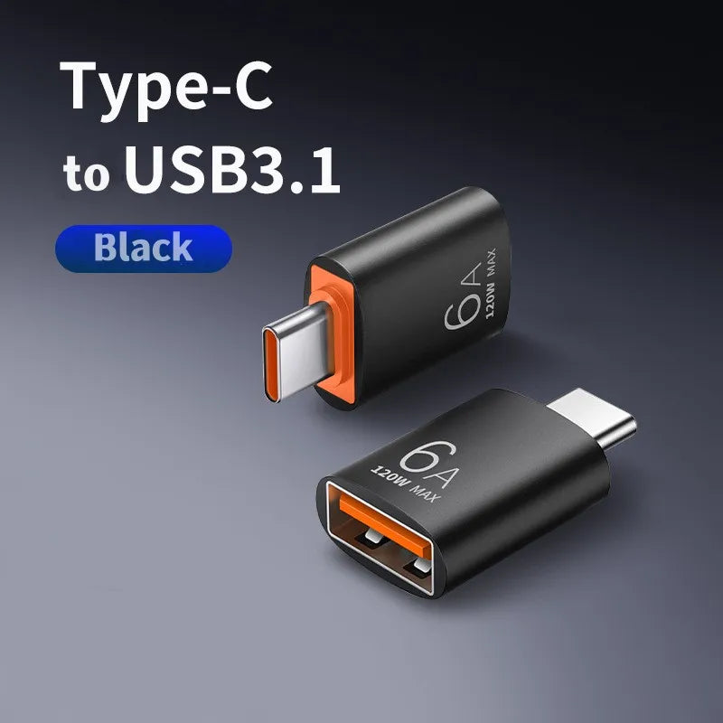 OTG Type C To USB Adapter Data Transmission 120W 6A Type C Male To USB Female for Macbook Laptop/ Xiaomi /Samsung USBC Adaptador Qme Black