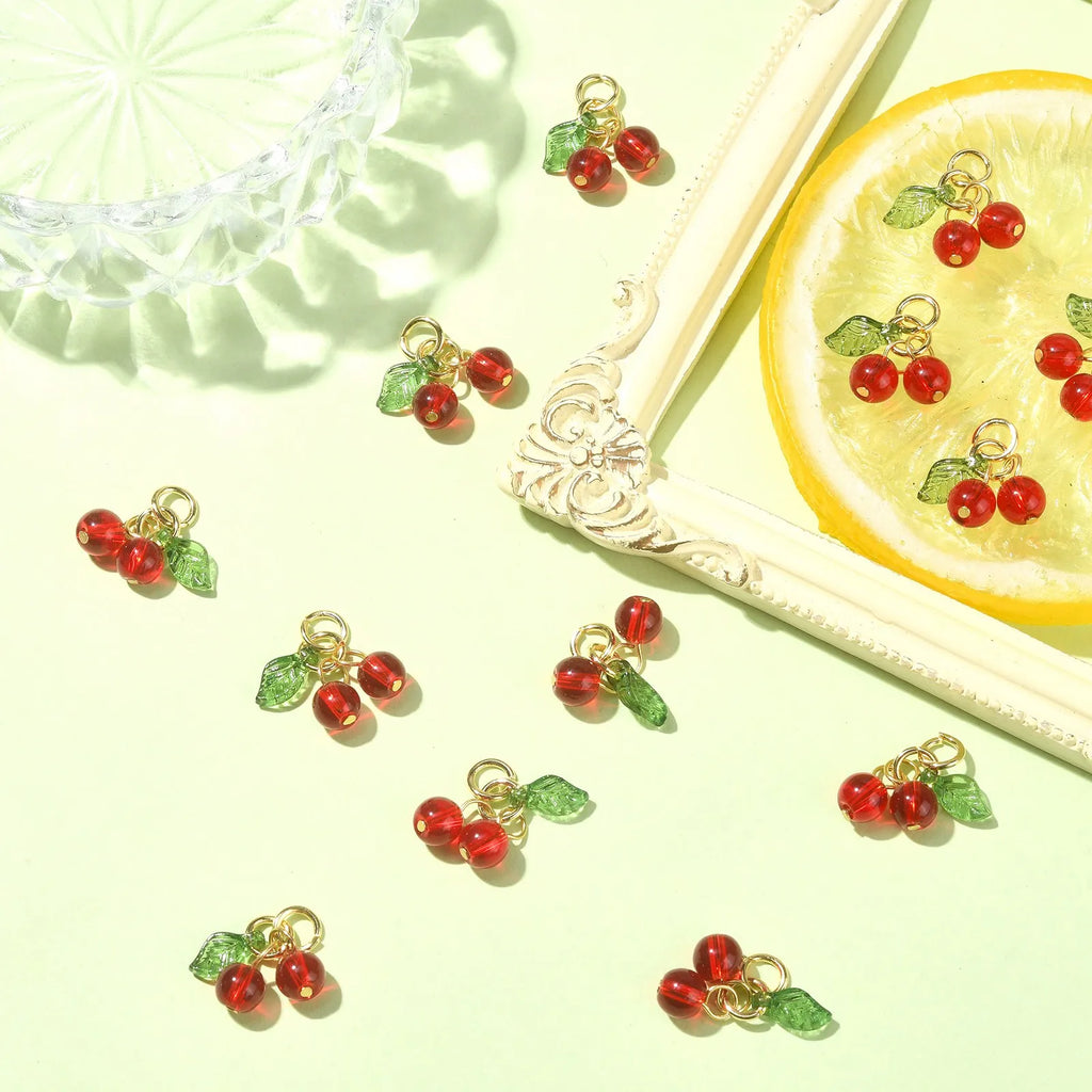 PandaHall 30Pcs Glass Red Cherry Charms Acrylic 3D Cherry Charms with Loop Acrylic Fruit Charms for DIY Jewelry Making findings Qme
