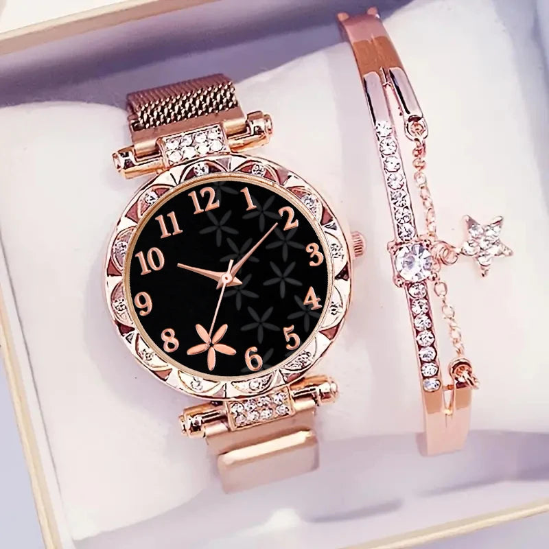 2 pçs/set moda flor dial relógio feminino ímã fivela malha banda relógios de quartzo estrela pulseira conjunto (sem caixa) Qme