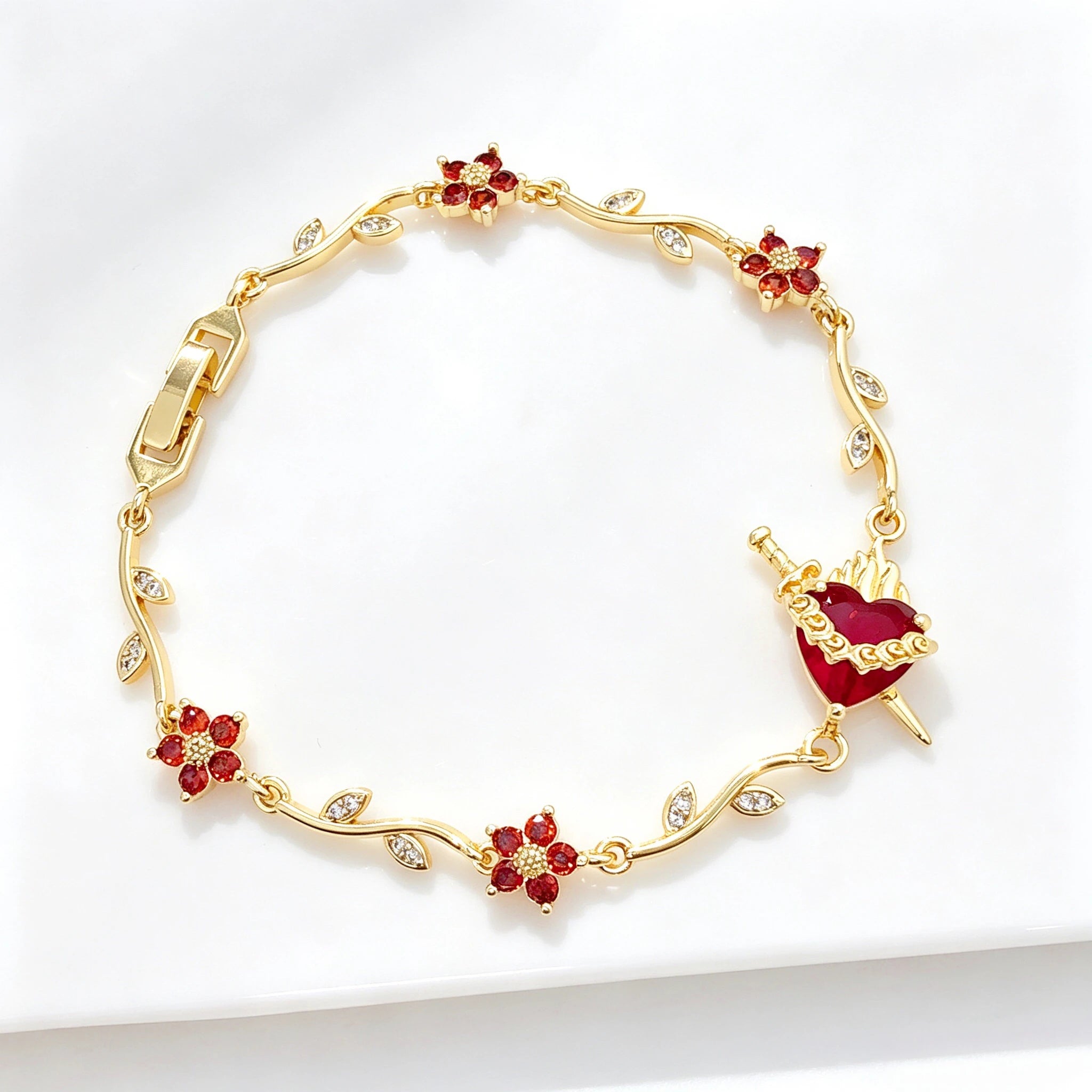 Hot Sale Flower Chain Sacred Heart Shaped Crystal Cross Bracelet Lucky for Women Girls Daily Party Jewelry Religious Gifts Qme 2