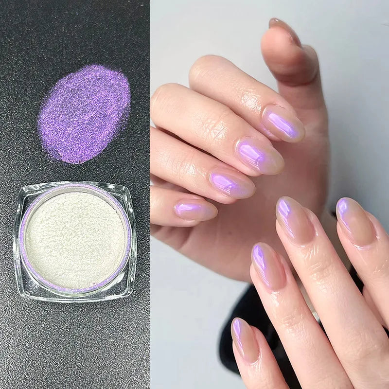 Icy Aurora Glitter Powder, Fairy Nail Glitter with Polarizing Shine, Transparent Holographic Mirror Glitter for Nail Art, 1g Qme Aurora Purple