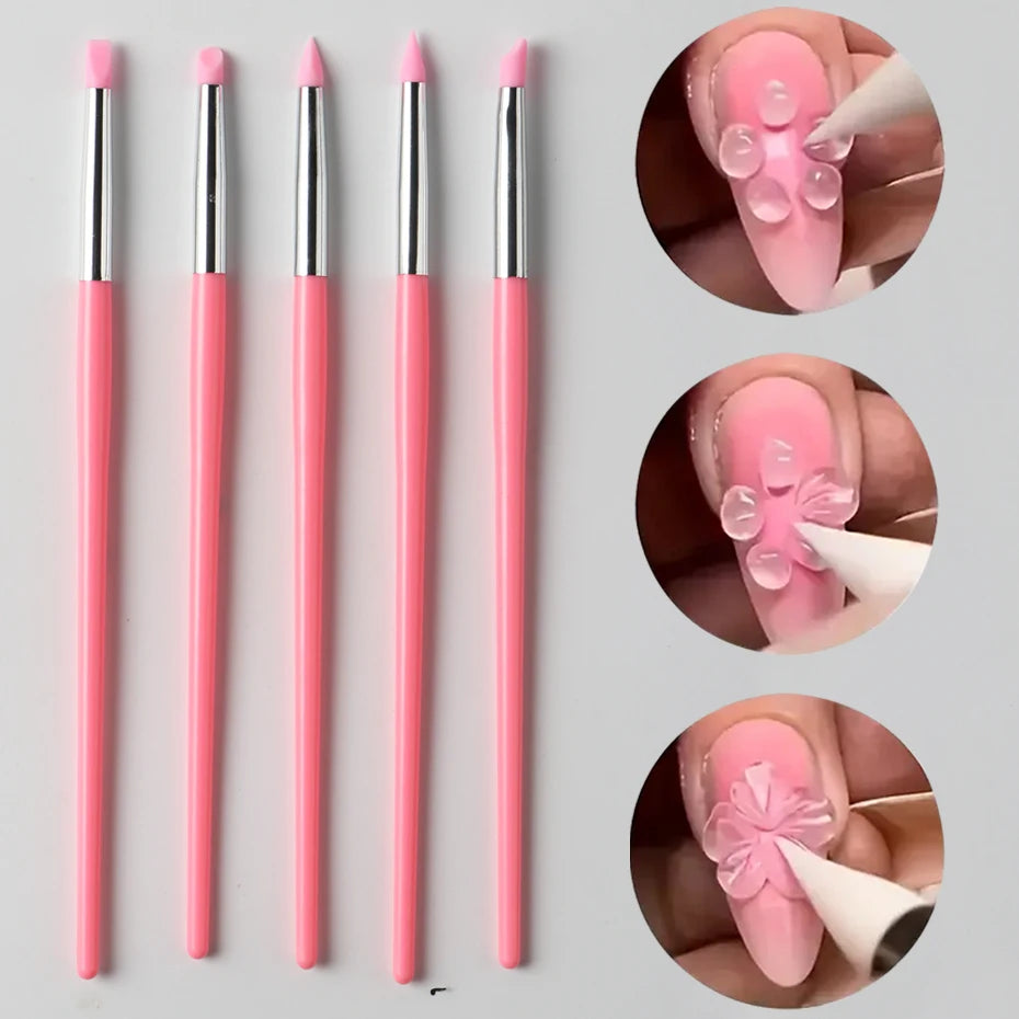 5Pcs Soft Silicone Nail Art Pen Multifunctional Nail Carving Dotting Tools Professional 3D UV Gel Polish Manicure Pens for Salon Qme