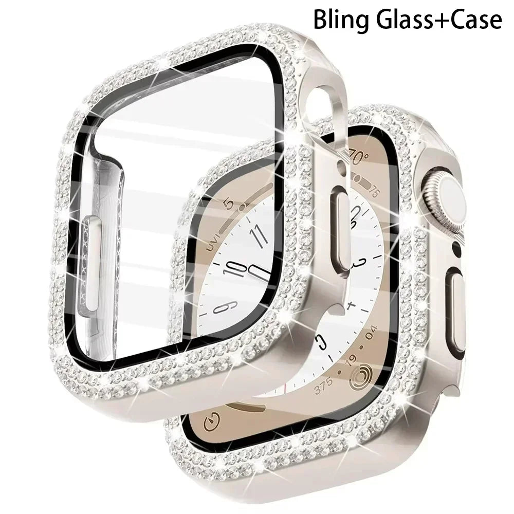 Bling Glass+Cover For Apple Watch 10 46mm 42mm Diamond Hard PC bumper+Screen Protector Case iwatch series 10 42 46mm Accessories Qme