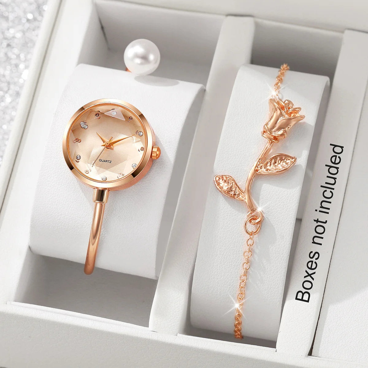 3Pcs/Set Women's Gold Jewelry Watch Set, Quartz Bangle Watch + Rose Bracelet + Pearl Earrings, Elegant Style Qme Rose No Box