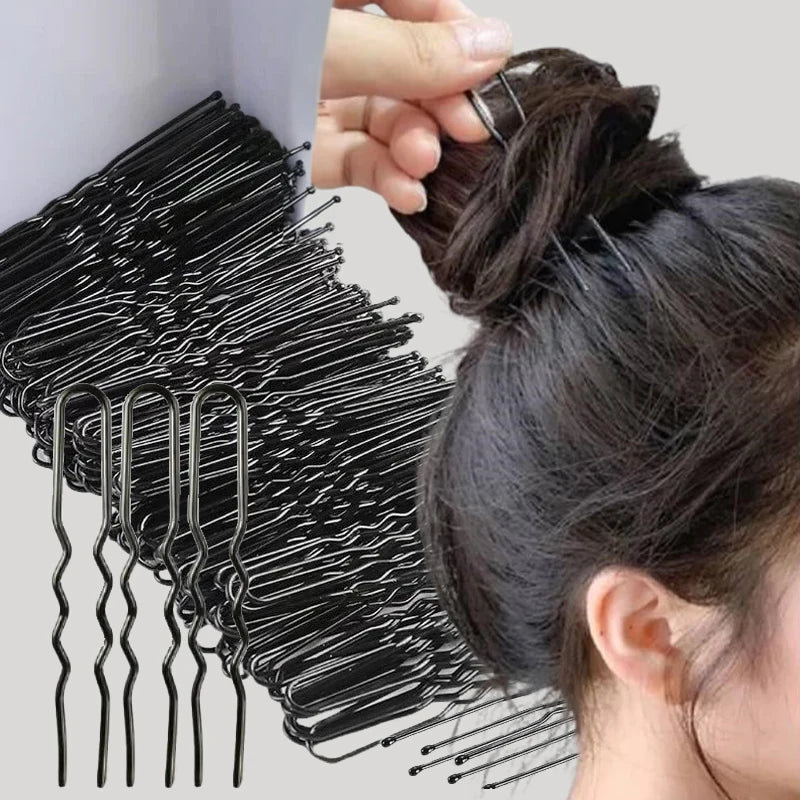 50/200Pcs New Women Hair Waved U-Shaped Bobby Pin Barrette Salon Grip Clip Bridal Hairpins Black Metal Hair Accessories for Bun Qme