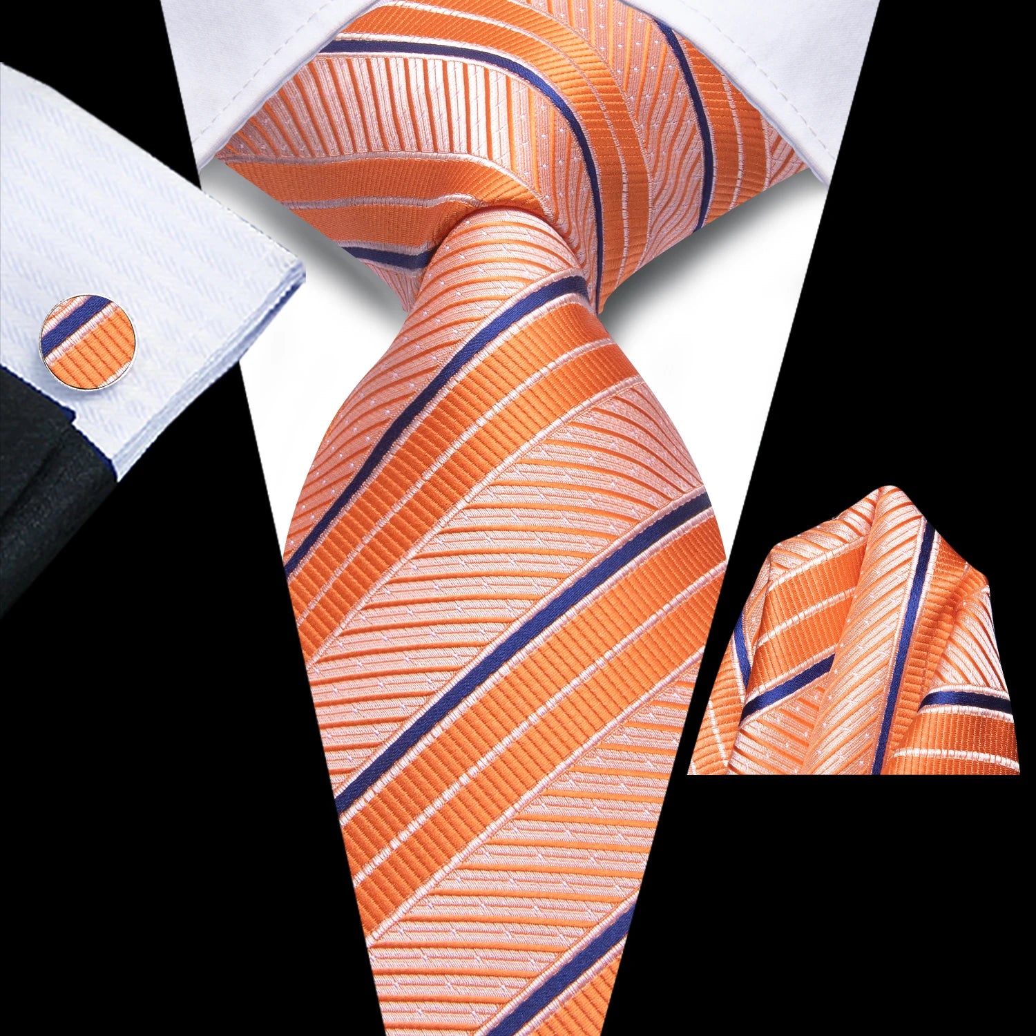 Hi-Tie Designer Orange Teal Striped Paisley Silk Wedding Tie For Men Necktie Hanky Cufflink Fashion Business Party Dropshipping Qme 4054