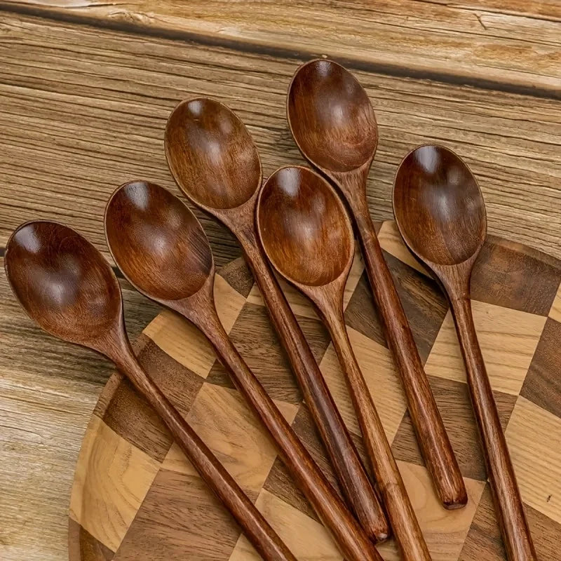 6pcs Multifunctional Handle Wooden Spoon Set, Soup Ladle, Dessert Spoon, Coffee Spoon, Stirring Spoon, Qme