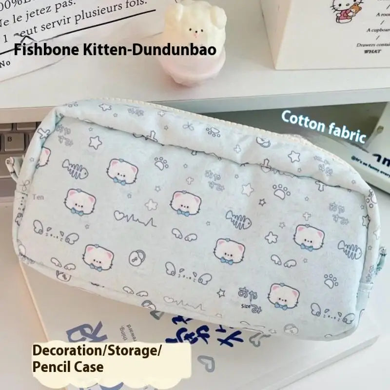 Cute Fishbone Cat Printed Pen Bag Portable Large Capacity Pencil Case Qme
