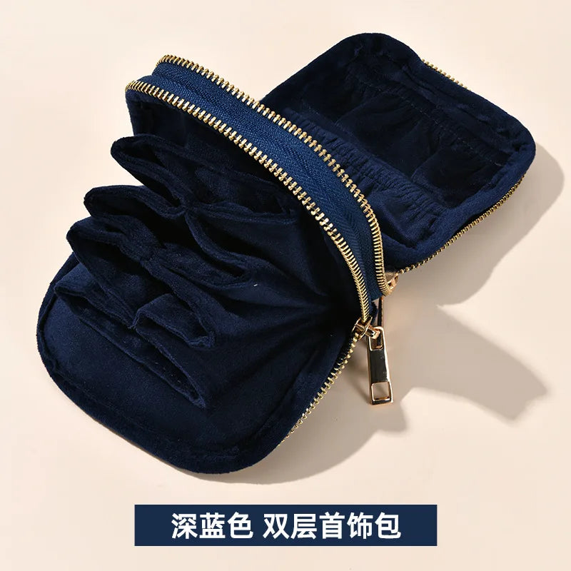Tassel Jewelry Organizer Bag Portable Travel Case with Metal Zipper for Bracelets Jade Bangles Necklaces Rings Storage Pouch Qme Blue Double Layer