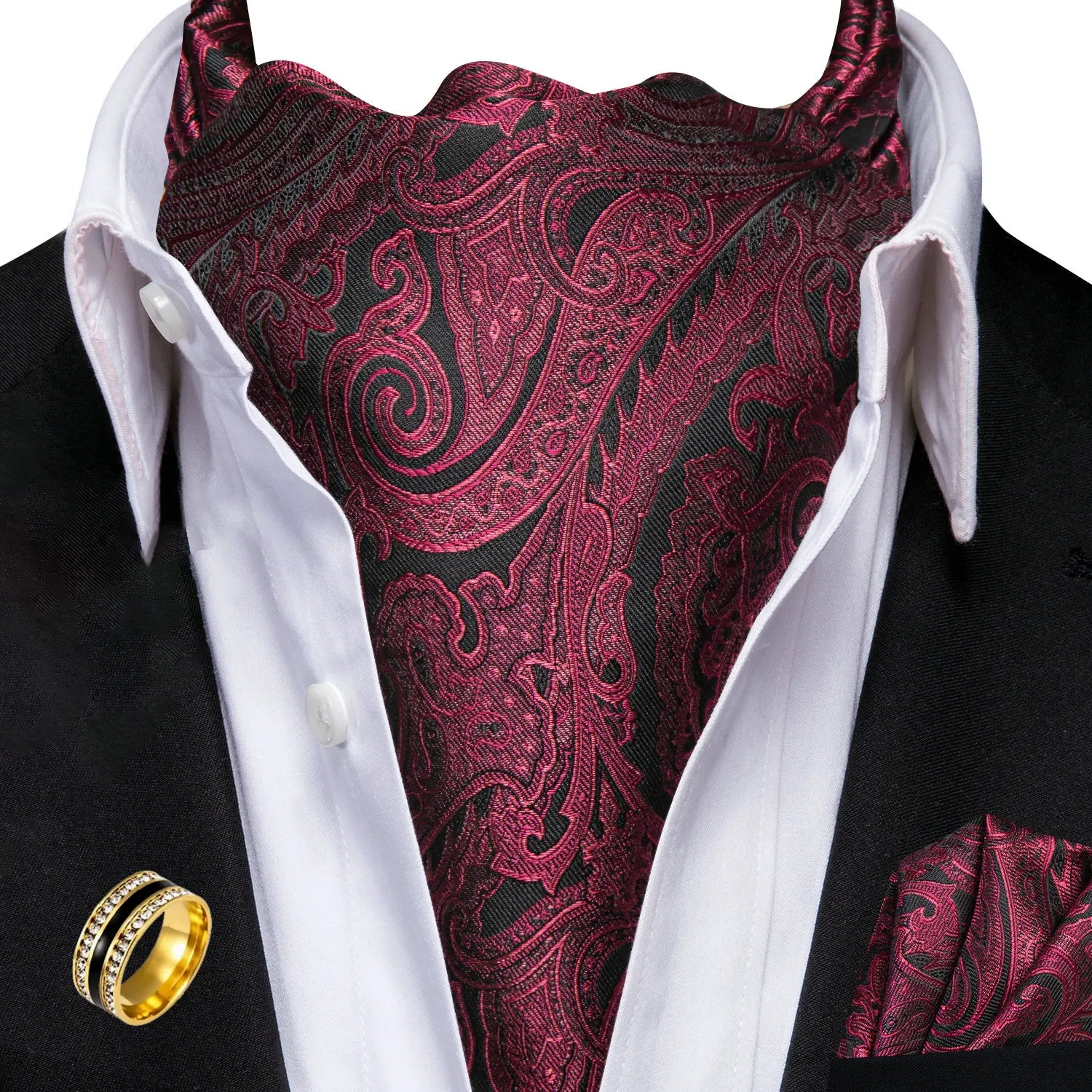 Ascot Tie Set, Classic Cravat with Pocket Square & Decorative Ring, Fashion Men's Neck Accessories Wedding Party silk Daily Wear Qme AS-1173-JZ0020