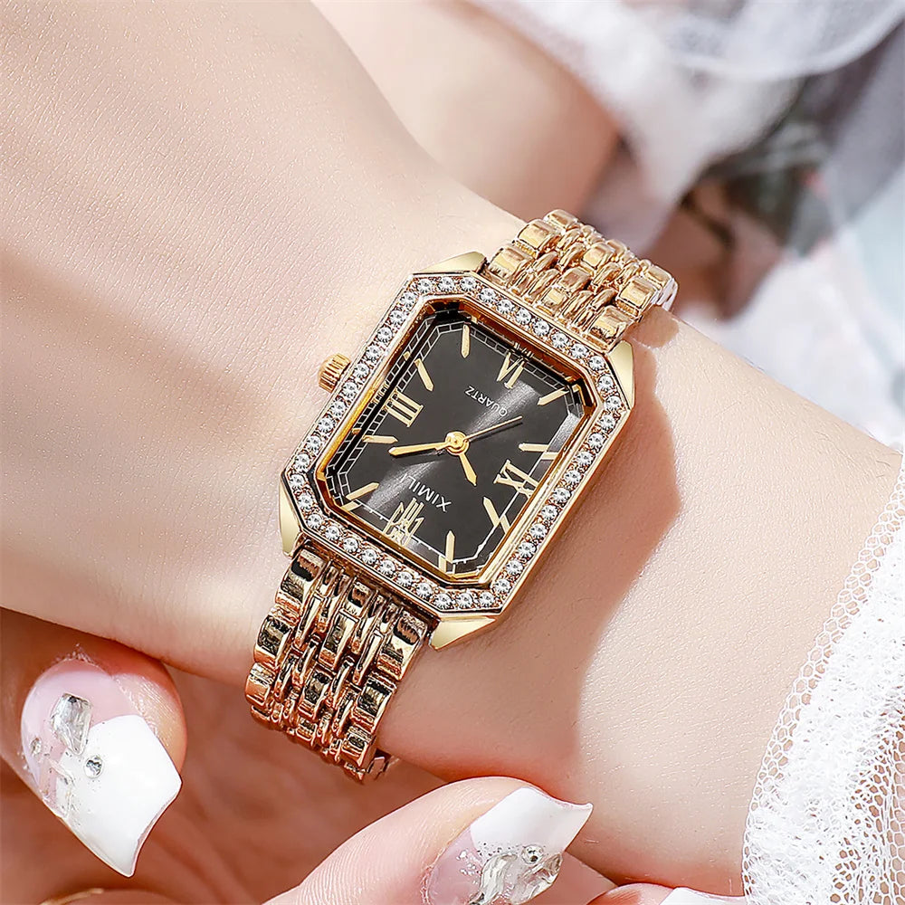 Fashion Business Ladies Quartz Watch Casual Luxury Diamonds Rome Simple Women's Stainless Steel Strap Gold Hundred Dress Watches Qme black