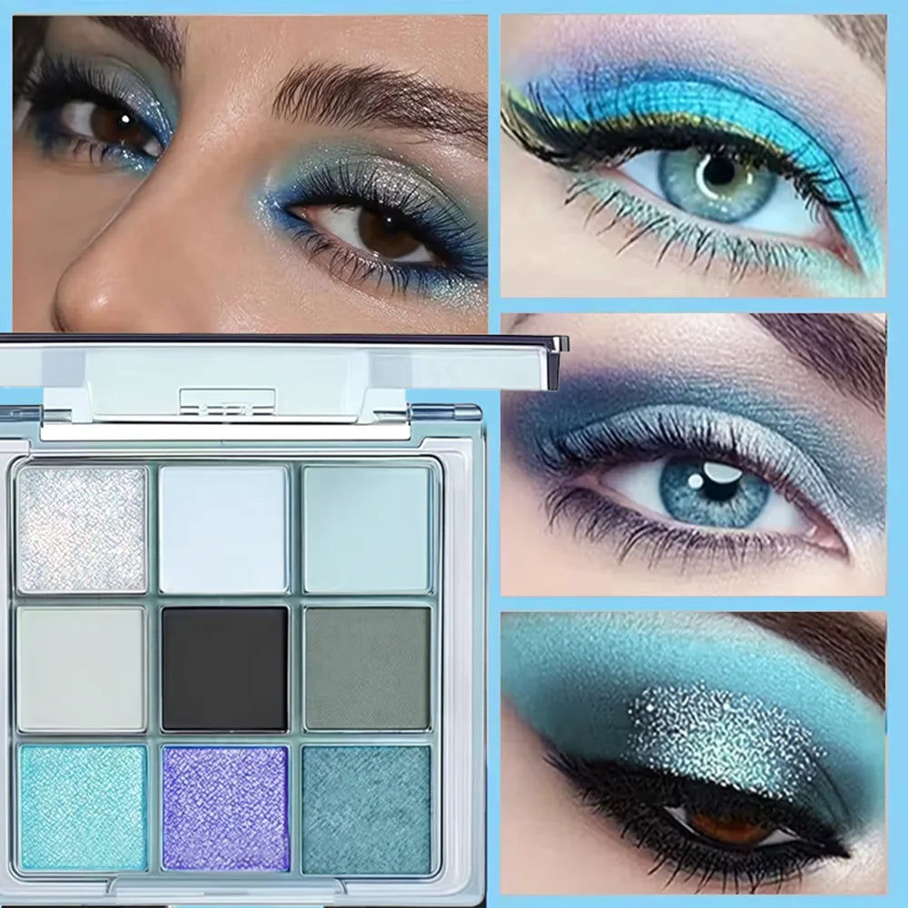 9-Color Blue Eyeshadow Palette Matte Pearlescent Shimmer Shades Qme