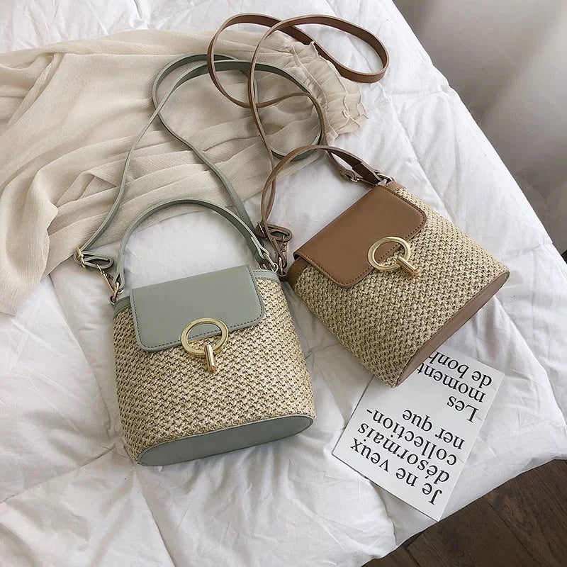 Small Straw Bucket Bags Women Summer Crossbody Lady Travel Purses Qme
