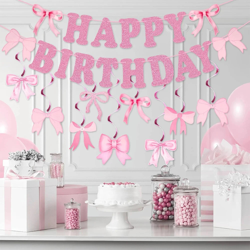Bow Party Flag Decoration Set Pink/Blue/Black Bow Happy Birthday Banner Party Decor Bow Spiral Hanging Decor Scene Decor Props Qme