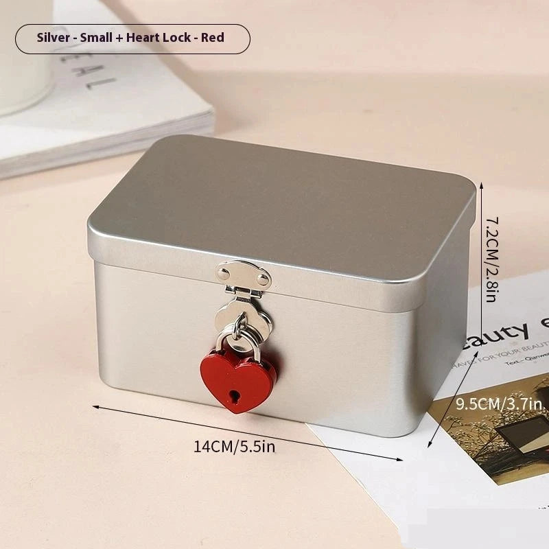 Silver Lockable Tin Storage Box Multifunctional Desktop Metal Jewelry Qme A7
