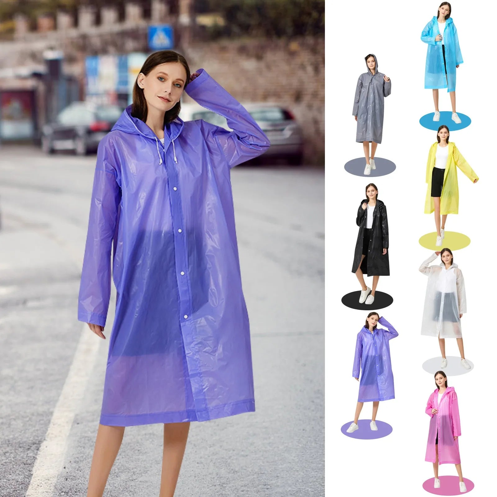 Adult Solid Color Button Raincoat with Hooded Waterproof Windproof Eva Thickened Whole Body One-piece Raincoat Home Essential Qme
