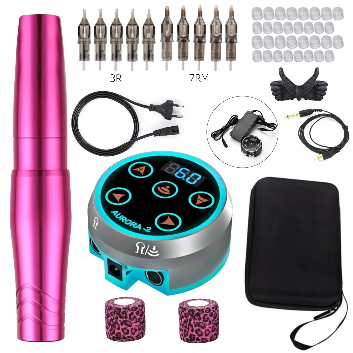 Permanent Makeup Pen Kit Set with AURORA Colorful Tattoo Power Supply PMU Tattoo Equipment for Beauty Enthusiasts Qme Rosered Kit