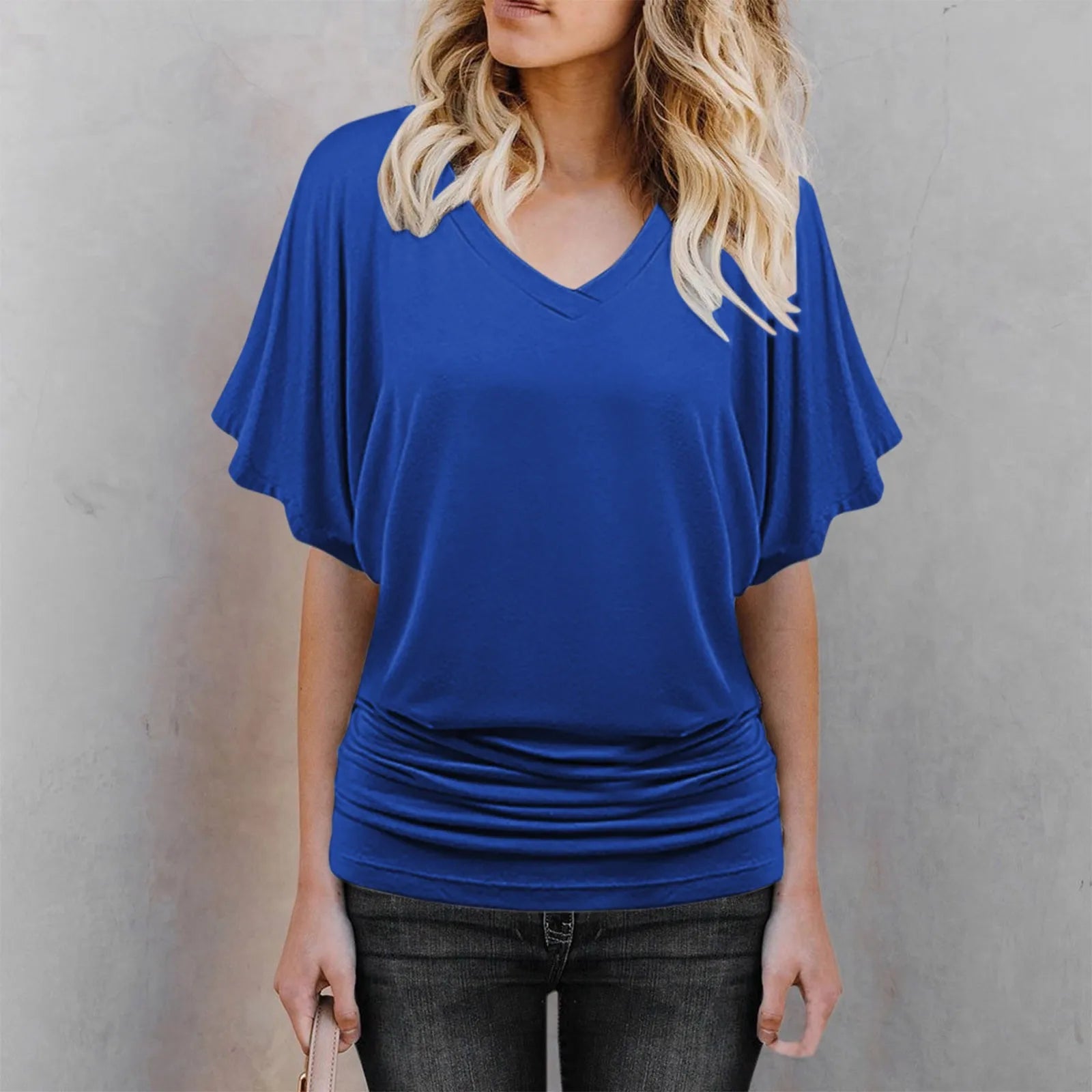 Soft Pleated Summer Bating Short Sleeved V-neck Solid Color T-Shirt Fashionable Classic Soft And Comfortable Daily Top For Lady Qme Blue XXL