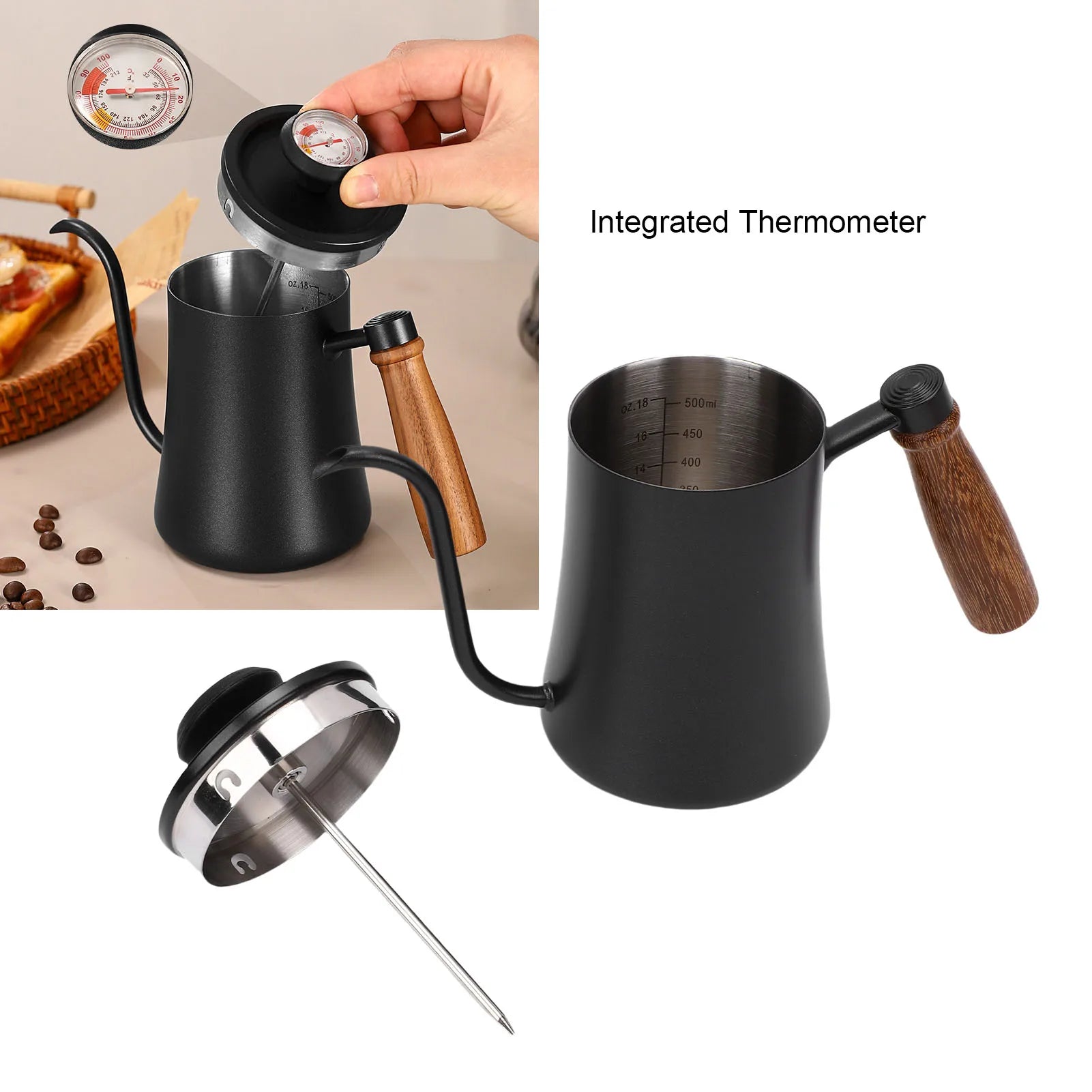 500ml Tea Kettle with Thermometer 304 Stainless Steel Gooseneck Kettle Pour Over Coffee Pot Home Kitchen Water Boiler with Scale Qme