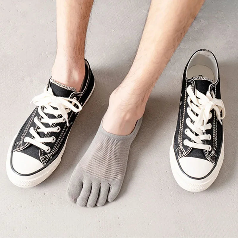 2025 Man Slipper Toe Socks Mesh Hollow No Show Ankle Short Socks Sports Sweat-Absorbing Cotton Breathable Five Finger Boat Socks Qme